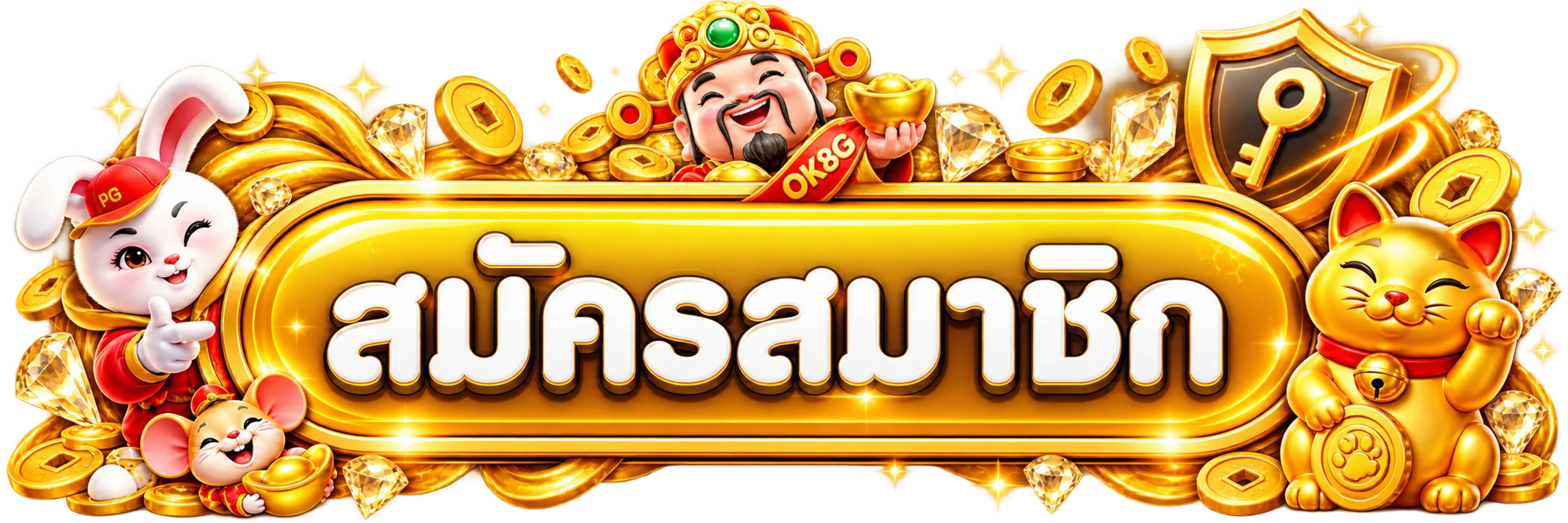 ป้ายเข้าสู่ระบบ OK8G พร้อมโล่กุญแจและมาสคอตสีทอง